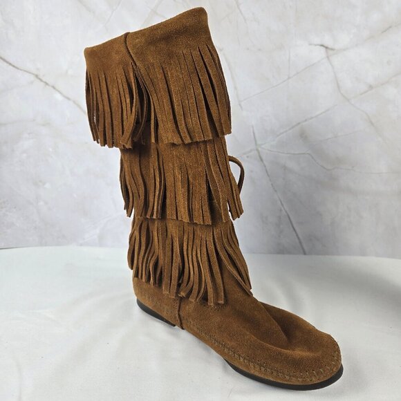 Minnetonka Size 7 3-Layer Fringe Boot Brown Suede Leather Pull On Style NWOT - Picture 5 of 14